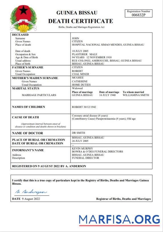 Blank Guinea Bissau death certificate example